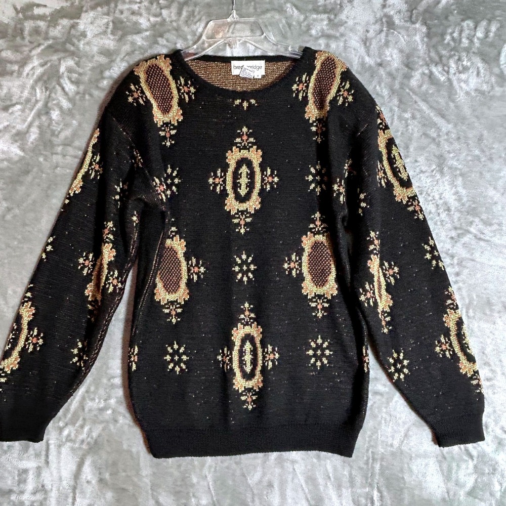 Breckenridge Vintage Metallic Knit Sweater Black Gold Ornate Medallion Small
